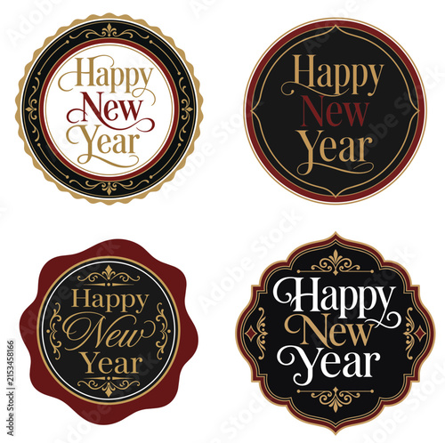 Happy New Year Luxury Vintage Badge Collection, Classic Holiday Emblems, Retro Celebration Labels, Happy New Year Decorative Logo Set, Elegant Typography Designs