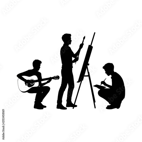 Silhouette of a professional artist painting on easel with two assistants