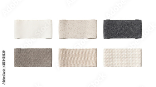 Blank woven fabric label collection for clothing, handmade products, textile branding and fashion packaging. Isolated on White background.