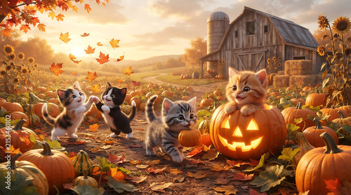 Tiny kittens celebrating autumn in a pumpkin patch