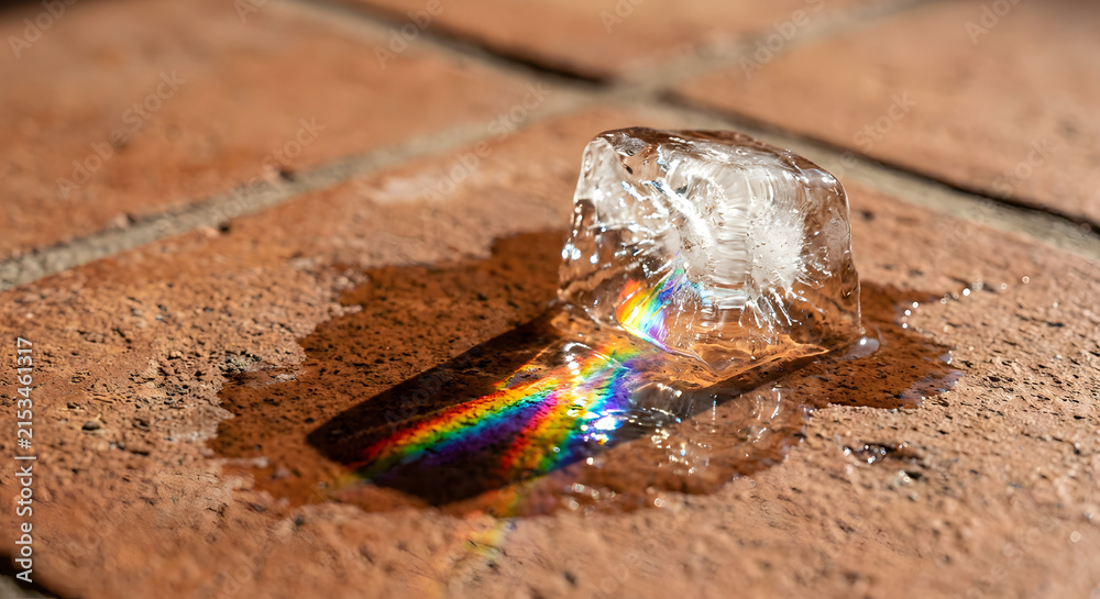 Obraz premium Melting ice cube creating rainbow light on terracotta tile