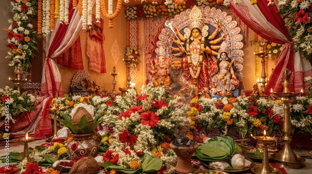 Fototapeta premium Elaborate Altar with Goddess Durga Idol, Flowers, Coconuts, and Offerings Hindu