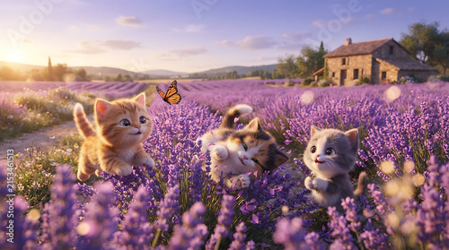 Playful kittens frolicking in a sunny lavender field