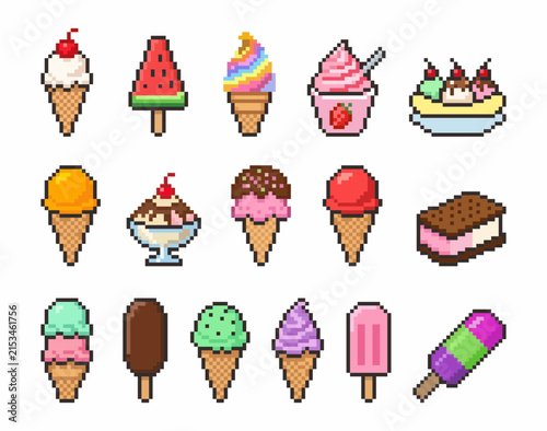 Pixel art ice cream set vector illustration, pixelated frozen desserts collection including cones, popsicles, sundae, ice cream sandwich, and soft serve isolated on white background