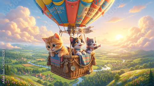 Adventurous kittens flying in a colorful hot air balloon