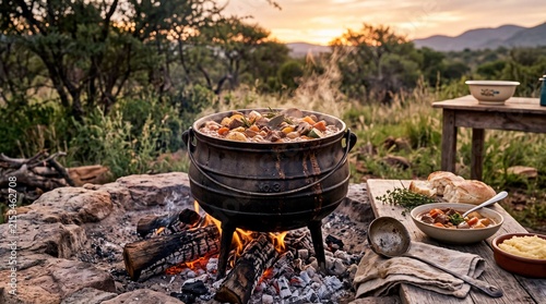 South African Potjiekos Stew Cooking in a Three Legged Cast Iron Pot Over Campfire at Sunset