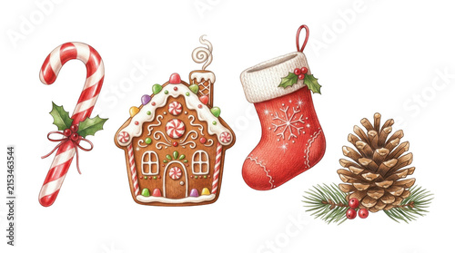 Set of Christmas festive items with gingerbread house and candy cane isolated on transparent background