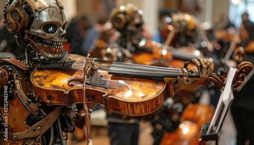 Steampunk skeleton robot playing a mechanical violin in orchestra