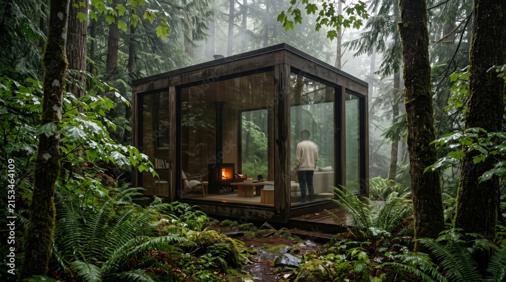Obraz premium A person stands inside a cozy, glass-walled modern cabin featuring a glowing fireplace, surrounded by a lush, rainy, green forest.
