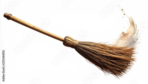 Traditional straw broom with dynamic splashing effect.