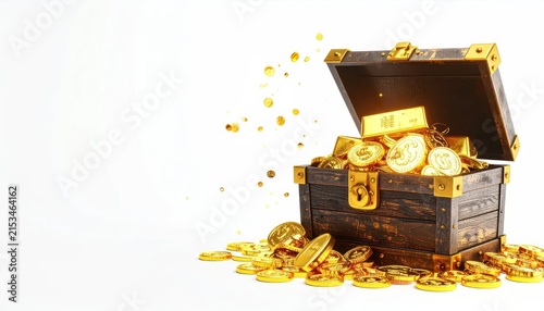 Treasure chest with floating gold coins on white background.