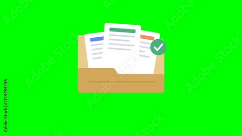 Folder with documents and check mark on green background animation