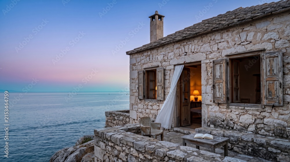 Fototapeta premium A charming stone cottage sits on a rocky cliff overlooking a calm sea at dusk, with an open door and window revealing a warm, lit interior.