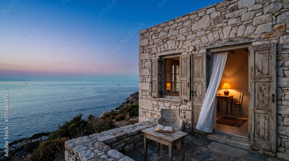 Fototapeta premium A charming stone cottage sits on a rocky cliff overlooking a calm sea at dusk, with an open door and window revealing a warm, lit interior.