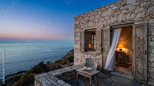 A charming stone cottage sits on a rocky cliff overlooking a calm sea at dusk, with an open door and window revealing a warm, lit interior.