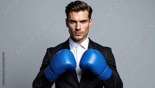 Businessman In A Dark Suit Wearing Bright Blue Boxing Gloves Posed To Convey Confidence And Determination In Studio Portrait