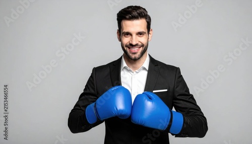 Confident Business Professional Wearing Bright Blue Boxing Gloves In A Minimal Gray Studio Backdrop