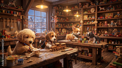 Adorable puppies crafting wooden toys in a cozy carpentry workshop