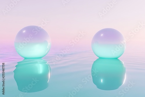3D Render of Shiny Transparent Bubbles Floating in Blue Water with Glass Sphere Reflections and Glossy Crystal-Like Surfaces