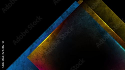 Colorful geometric shapes with glowing neon edges, grunge textural background. Abstract retro motion design. Seamless loop. Video animation Ultra HD 4K 3840x2160