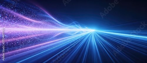 Fast blue and purple light streams flowing toward a bright horizon with digital particles, idea for high speed internet, data transmission and futuristic network technology