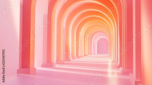 Colorful Abstract Tunnel with Ancient Arches, Stone Columns, and Dramatic Perspective in Medieval European Architecture