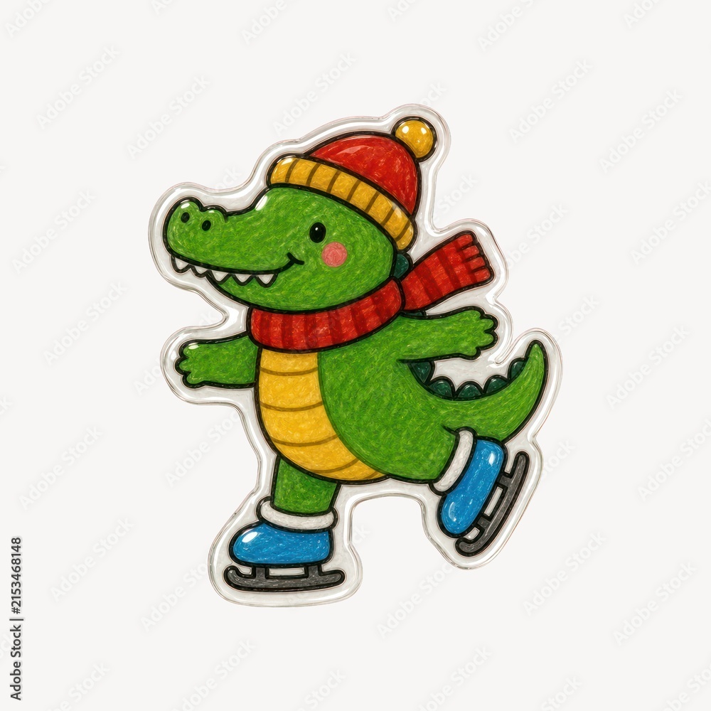 Fototapeta premium Cute cartoon crocodile in winter attire ice skating joyfully.