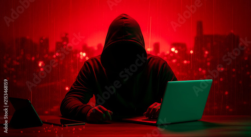 Anonymous hacker in hoodie using laptop for cyber attack in dark red neon city background
