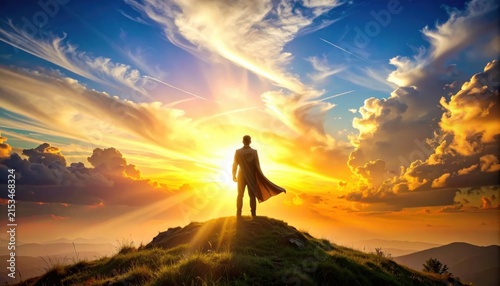 Silhouette Of A Person With Surfboard Standing On A Windblown Dune At Sunset Over The Ocean Horizon