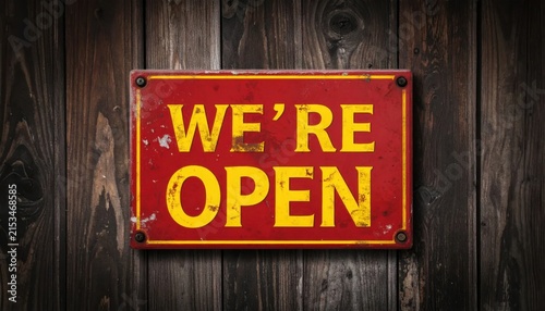 We're Open Sign On Rustic Wooden Planks With Warm Welcoming Storefront Vibe For A Shop Exterior