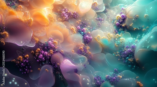 Abstract Blue Fractal Space Background with Glowing Stars, Colorful Fantasy Flowers and Magical Light Pattern for Bright Decorative Wallpaper Design