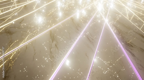 Abstract golden light beams and glowing particles intersecting over a sleek reflective marble surface creating a dynamic modern design background