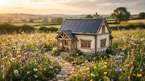 Small countryside cottage with solar panels and wildflowers