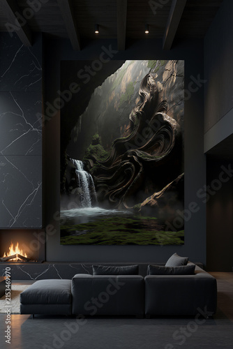 Art piece showing a waterfall and rock formations in a dark room with a couch and fireplace