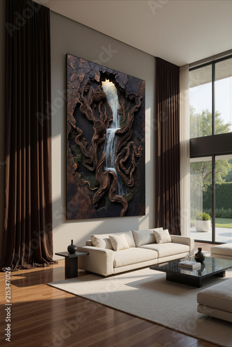 Large artwork of a waterfall with twisted roots displayed in a modern living room by a large window during daytime