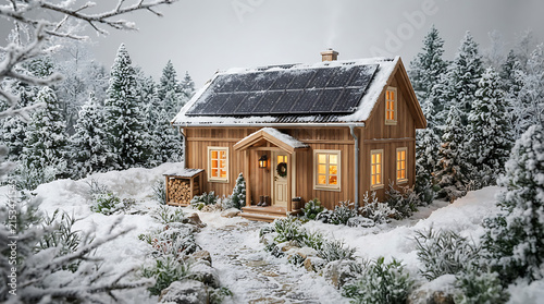 Sustainable wooden cabin in a snowy winter forest