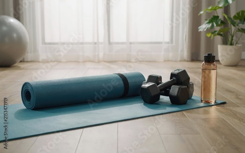Konstfotografi Blue rolled yoga mat with black dumbbells and clear water bottle placed neatly on wooden floor inside bright home gym studio setting during morning sunlight for daily healthy fitness training