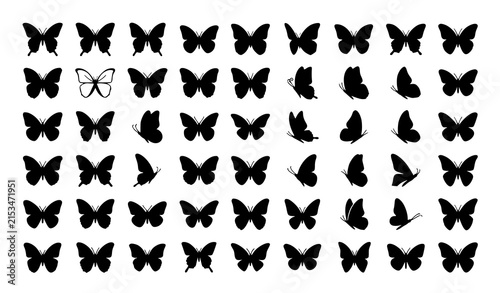 Minimal Black Butterfly Silhouette Icon Collection with Elegant Wing Shapes Vector Illustration