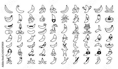 Premium Banana Peel Cartoon Character and Fruit Icon Collection Vector Illustration
