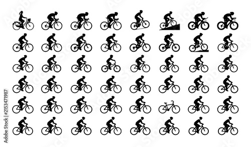 Cyclist Riding Bicycle Silhouette Icon Collection with Dynamic Cycling Poses Vector Illustration