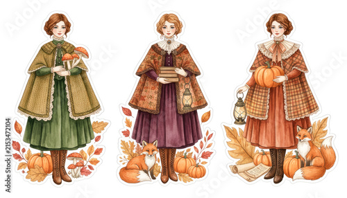 Victorian autumn fashion, vintage clothing, whimsical illustration, harvest theme, lanterns and pumpkins, cozy atmosphere, woodland animals, traditional attire, seasonal palette, artistic depiction