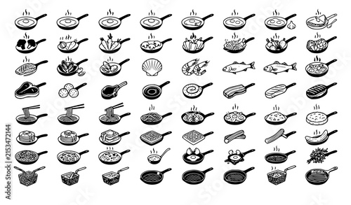 Premium Hot Skillet and Flame Cooking Symbol Collection with Food Vector Illustration