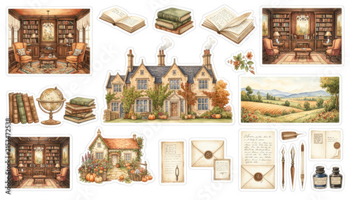 Vintage cottage ambiance clipart collection. Quaint home library, vintage books, countryside charm, autumnal landscape, cozy study, literary elegance, nostalgic writing, rustic decor, sticker set