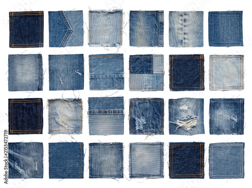 Blue denim fabric squares with various textures and stitching.