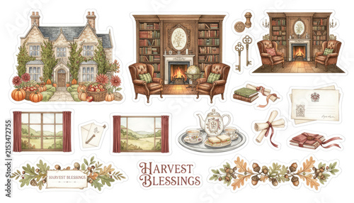 Harvest season, cozy home, fall decor, vintage charm clipart collection, rustic elegance, foliage accents, warm fireplace, library setting, traditional tea set, autumnal vibes, nature-inspired art