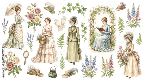 Victorian fashion illustrations, vintage style, floral elements, feminine elegance, historical attire, 19th century clothing, romantic era, garden scene, traditional accessories, antique aesthetics