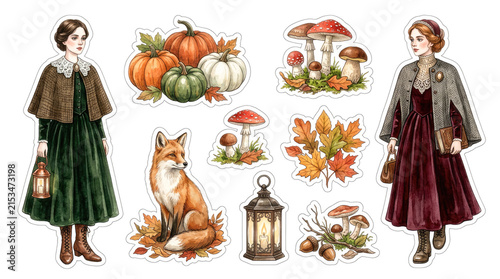 Victorian clipart collection, autumn elements, vintage style, pumpkins, fox, mushrooms, leaves, lanterns, historical clothing, seasonal illustration, woodland theme, cottagecore aesthetic sticker set