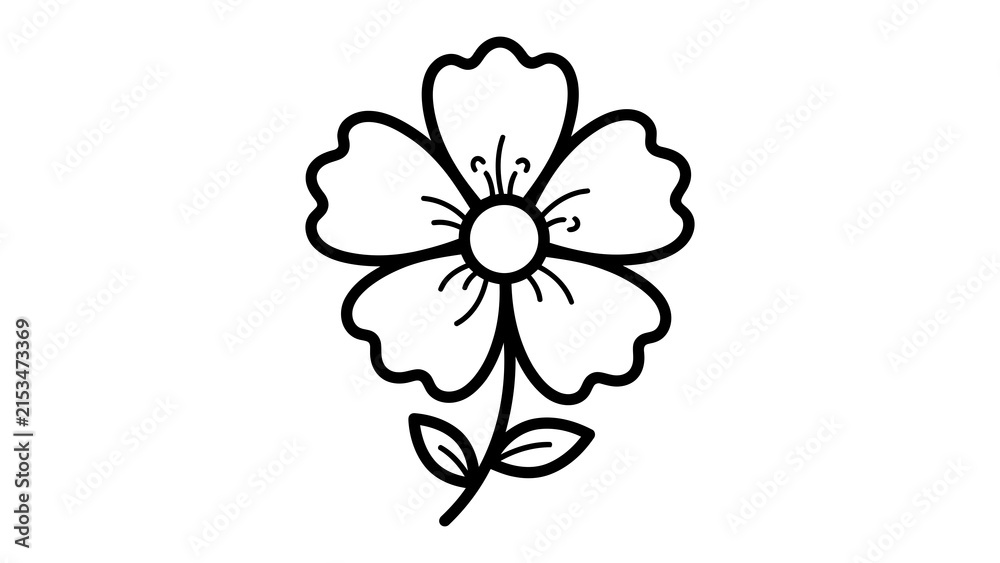 Fototapeta premium Simple Flower Outline: A minimalist black and white line drawing of a single flower with five petals and a stem with two leaves, representing simplicity and natural beauty.