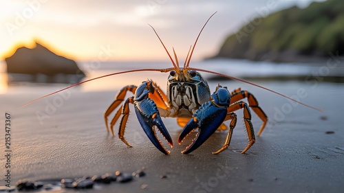 Blue lobster standing on a sandy beach at sunset, with ocean waves and rocky coastline in the blurred background, detailed marine animal shot