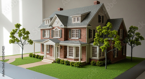 Detailed architectural model of a classic suburban brick house with landscaping